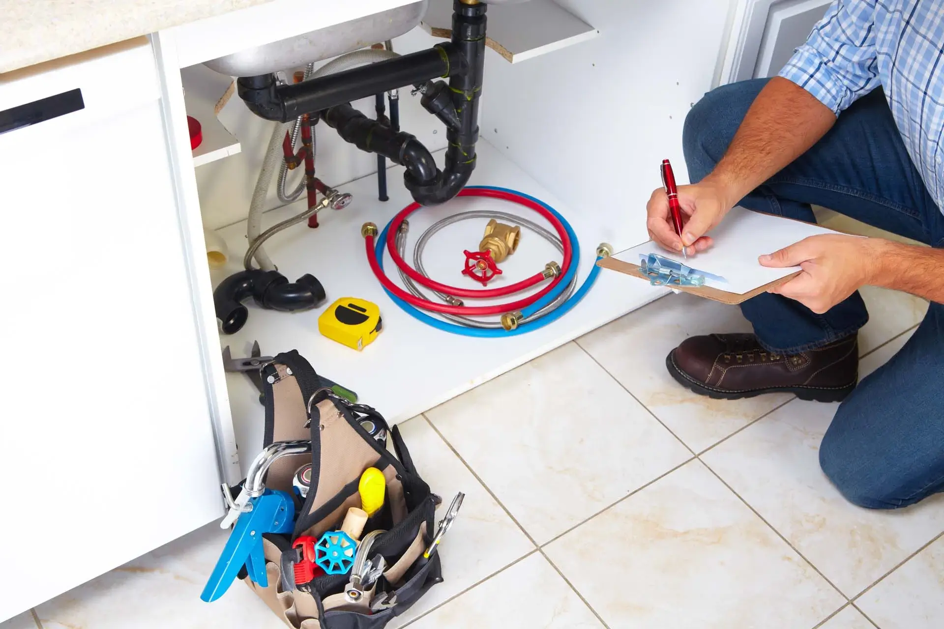 Experienced plumber inspecting valves and supply lines with professional diagnostic tools