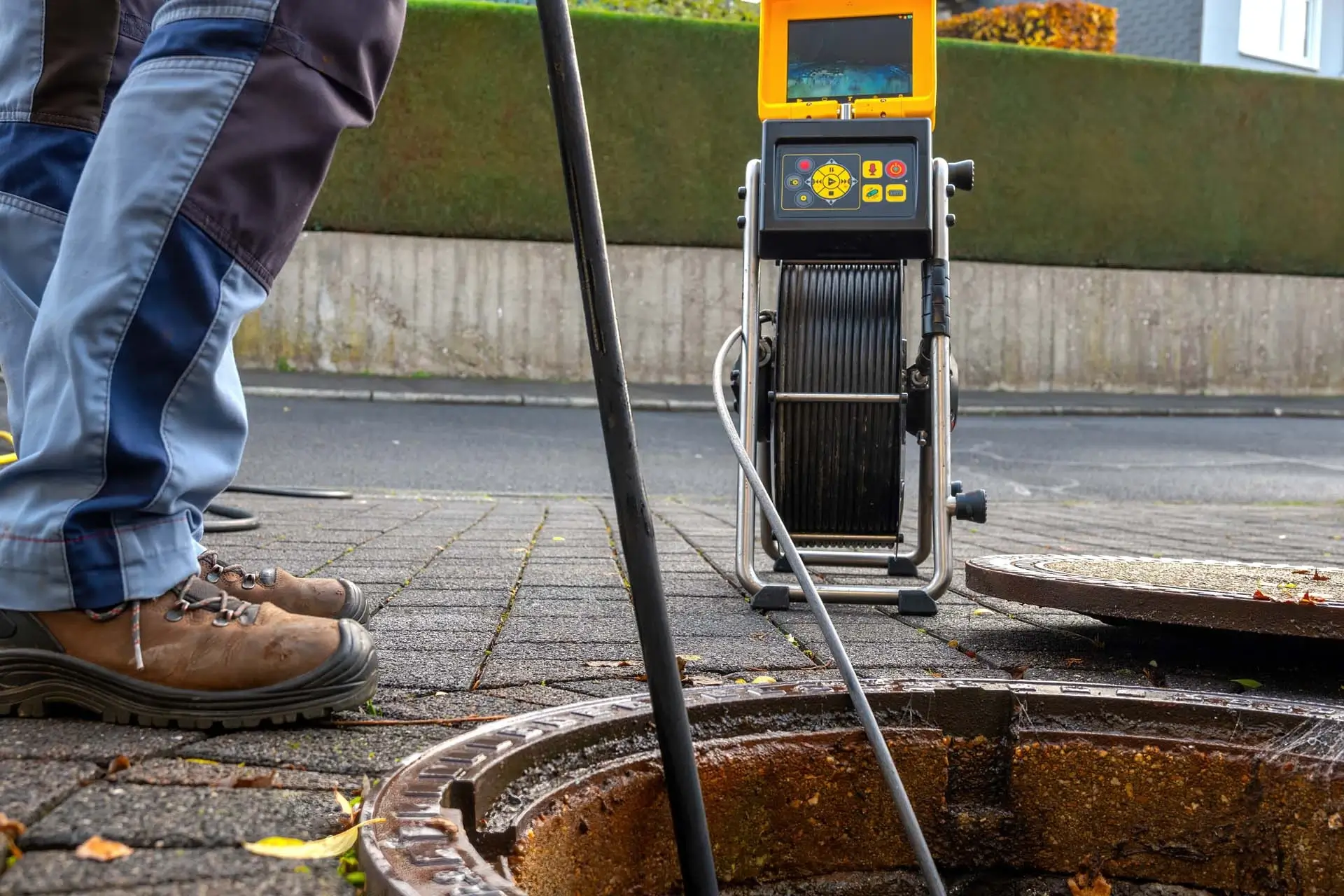 Experienced plumber using drain equipment to inspect and clear pipe blockage